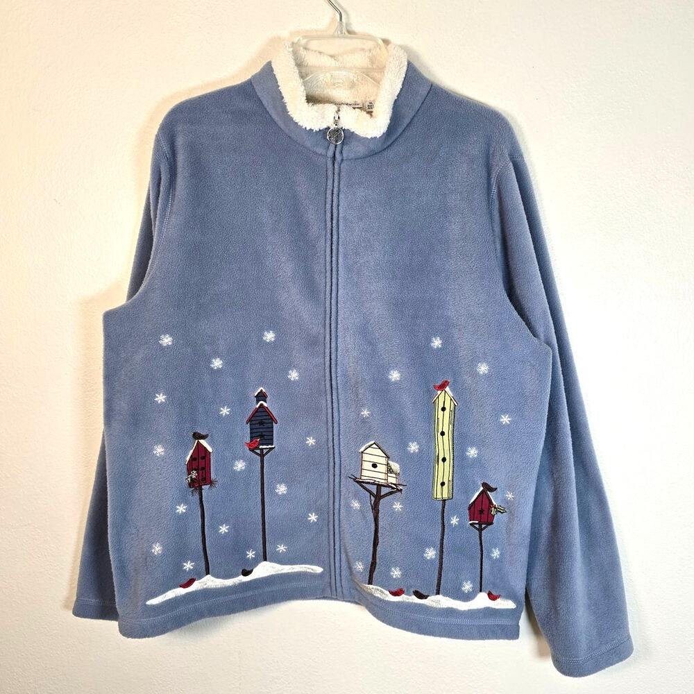 Croft & Barrow Fleece Jacket Women's XL Blue Winter Birdhouse Embroidered Zip Up
